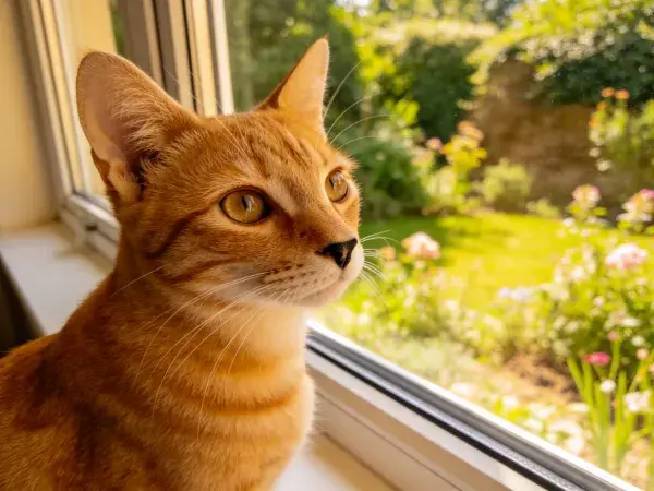窗边橘猫观察庭院景象