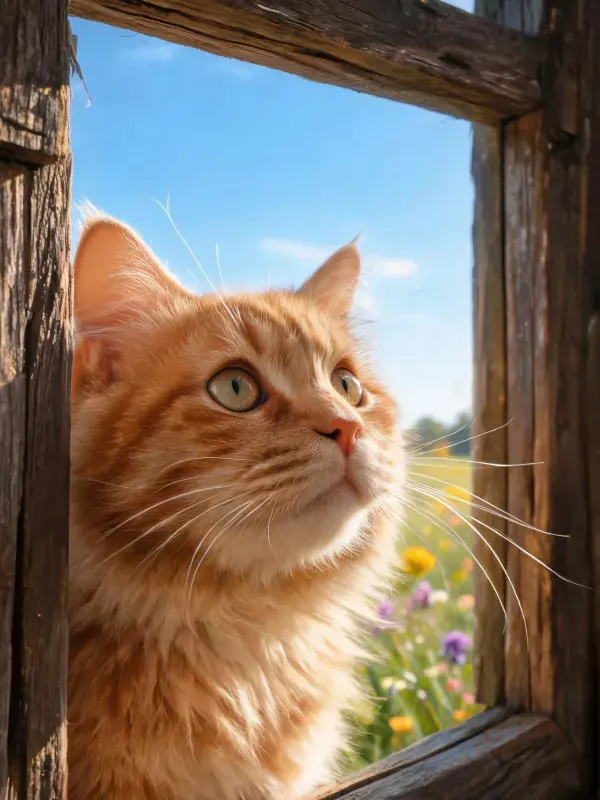 橘色虎斑猫透过木窗凝望