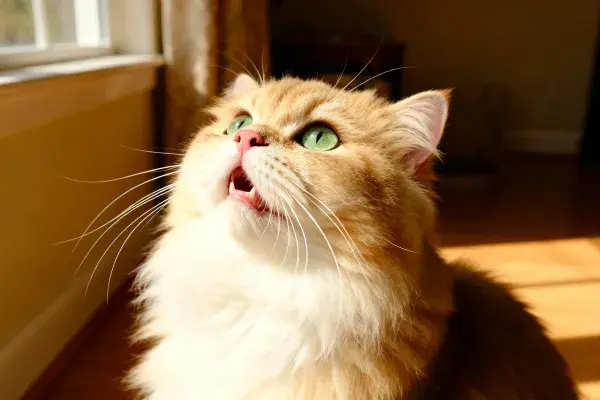 长毛橙白相间的猫仰视瞬间