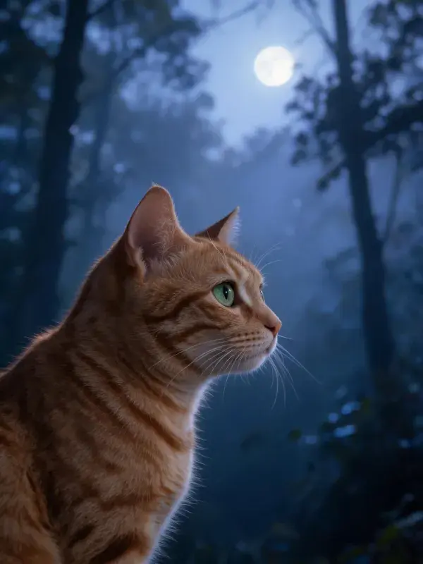 橘色短毛虎斑猫凝视月光下的森林