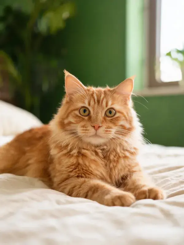 橙色缅因猫在床上的姿态