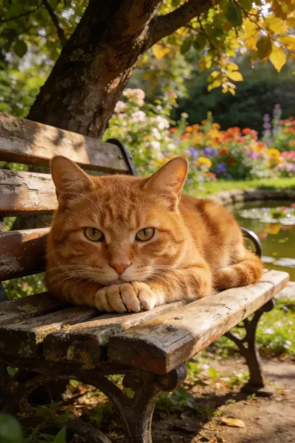 橄榄色短毛家猫躺卧在木质长椅上