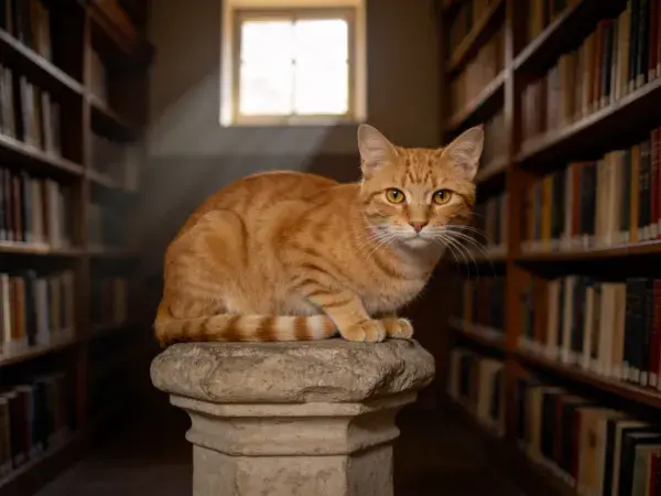 橘色短毛家猫在图书馆的石柱上