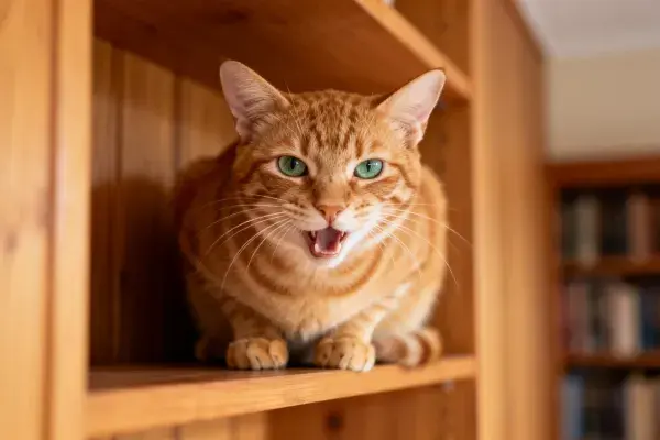 暖光木质书架上的橘色虎斑猫
