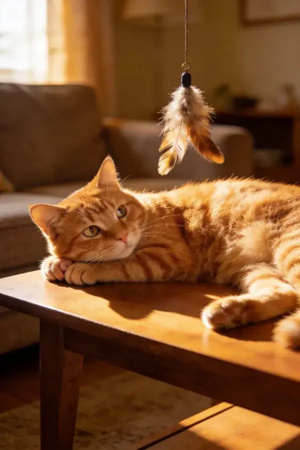 室内木质桌面的橘色短毛家猫