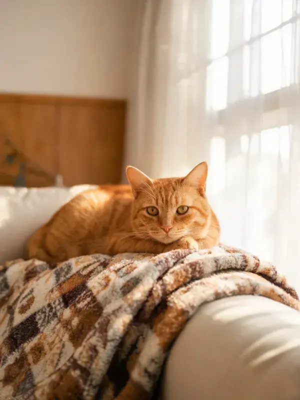 橘色短毛家猫在室内软垫上的休憩状态