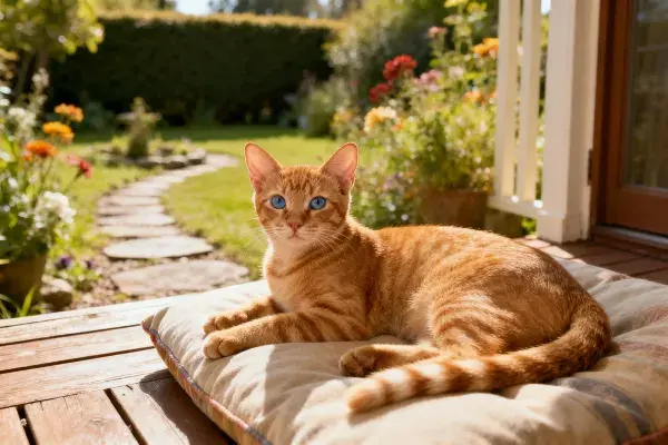 橘色虎斑猫静卧庭院木垫上