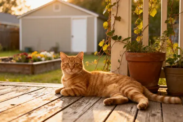 橙虎斑短毛家猫躺卧木质平台
