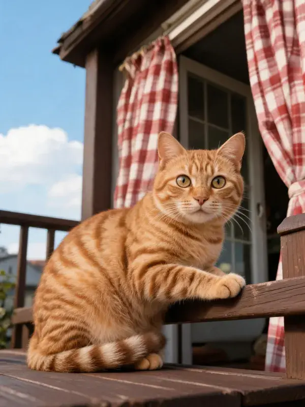 橘色短毛虎斑猫倚靠栏杆凝视镜头