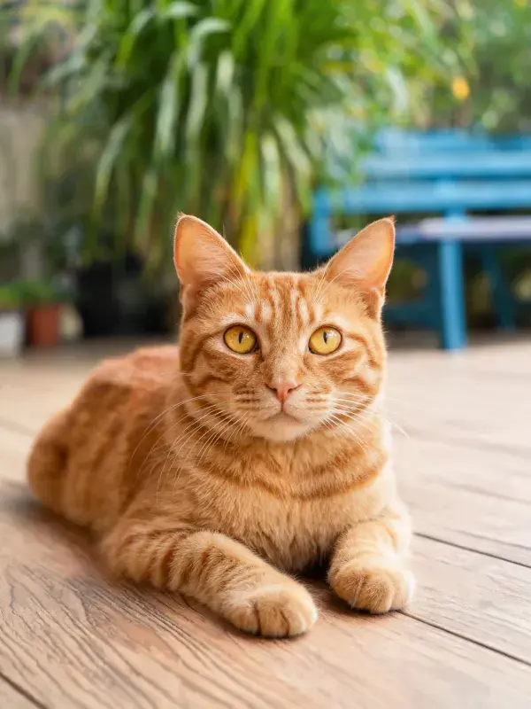 橘色虎斑短毛家猫在木质平台上的姿态