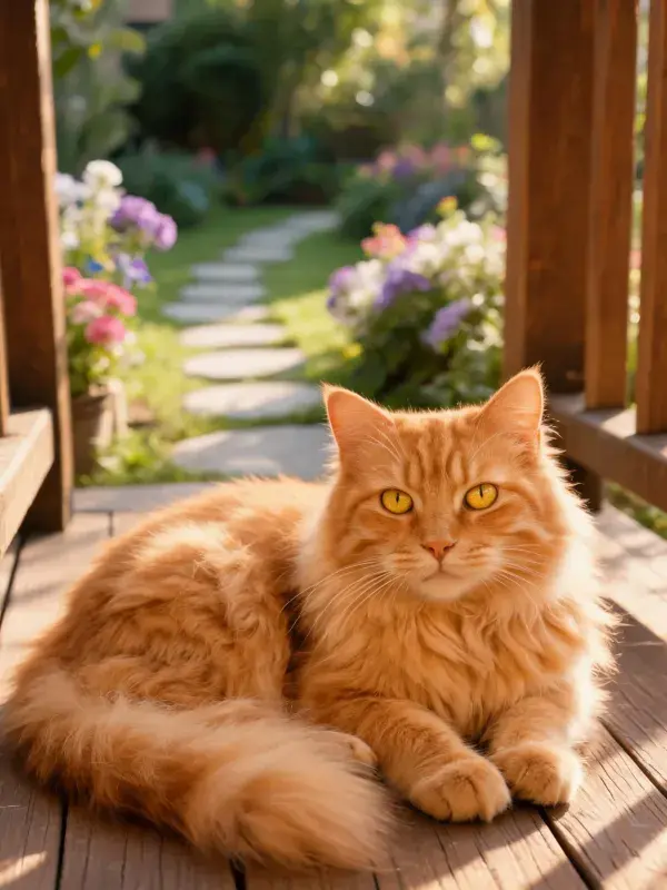 橘色缅因猫在木质平台上的姿态