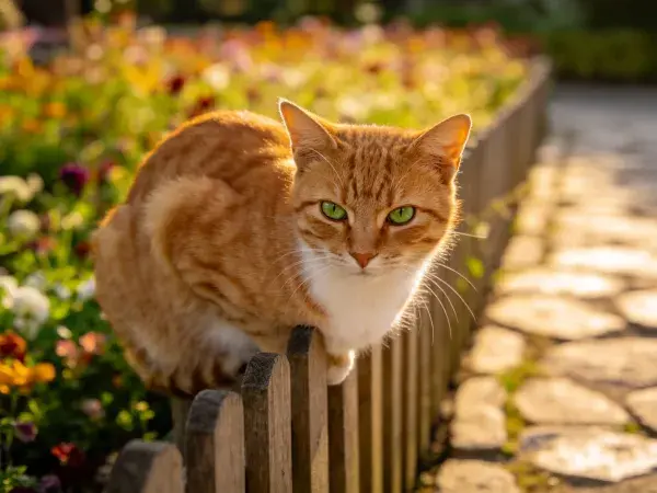橘色短毛家猫倚木栅栏场景