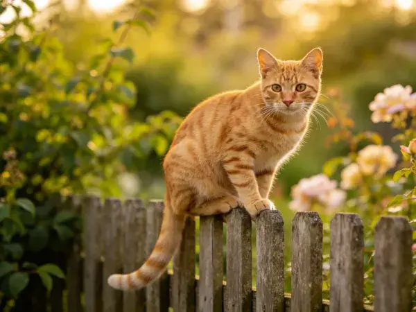 木栅栏上的短毛橙虎斑猫