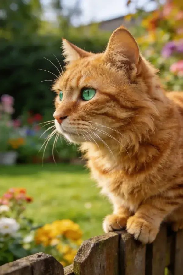 橘色长毛家猫眺望花园