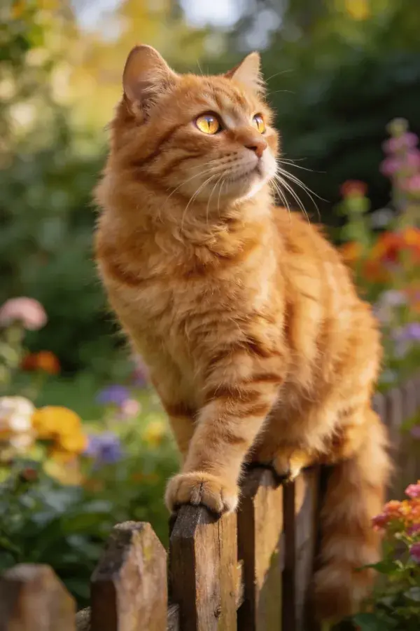 花园木栅栏上的橘色虎斑短毛猫