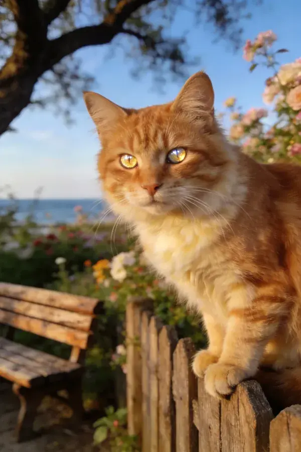 橘色斑纹短毛猫倚木栅栏近景