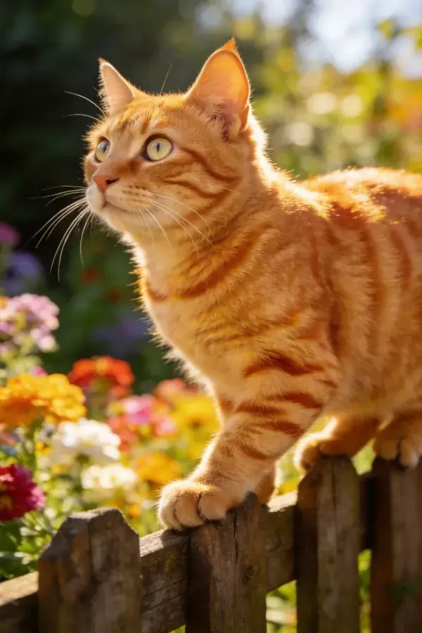 花园木栅栏上的橘色短毛猫