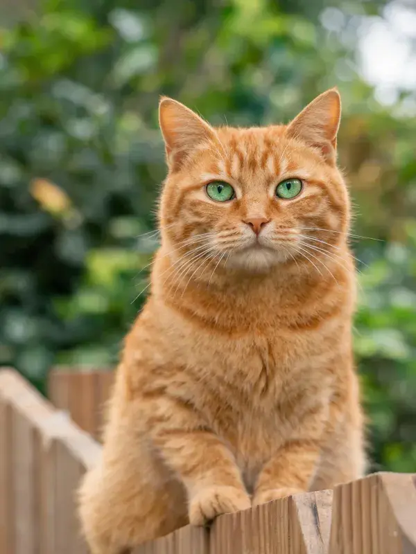 橘色虎斑短毛猫趴在木质栅栏的特写画面