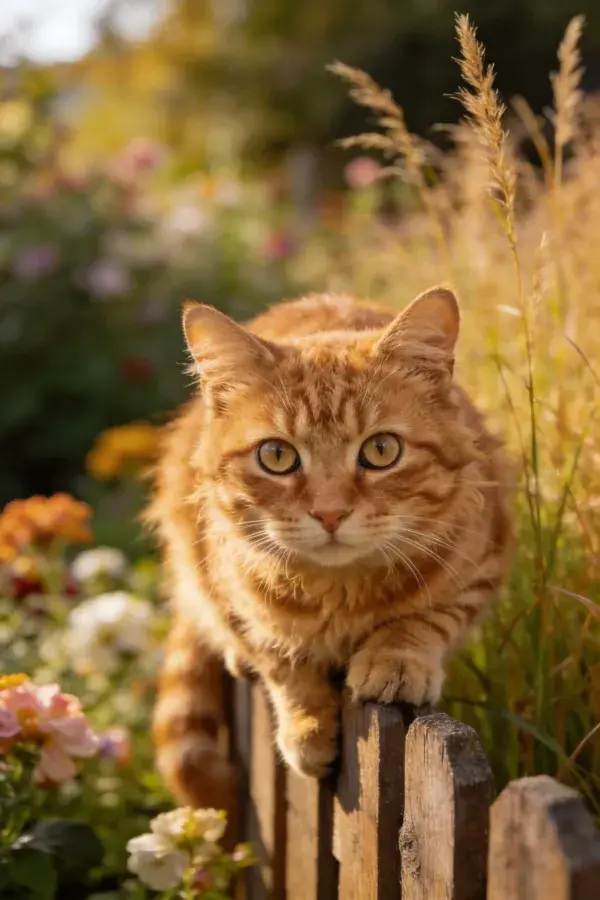 橘色短毛猫倚木栅栏近景