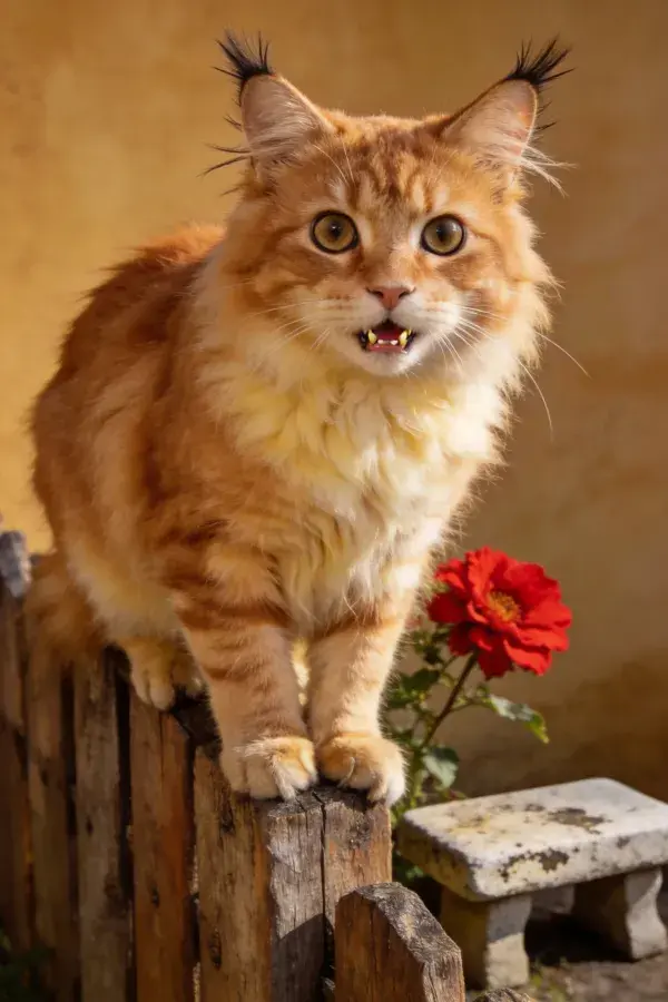 木栅栏上的橙橘斑纹长毛猫