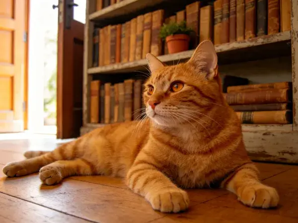 橘色虎斑短毛猫在书房地板休憩