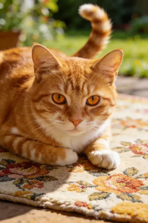 庭院地毯上的橘色短毛家猫