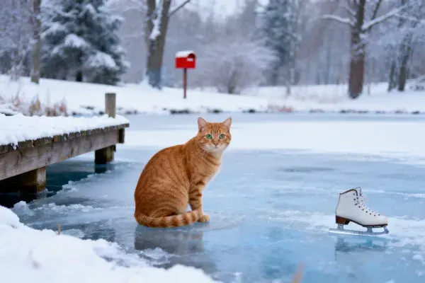 短毛虎斑猫冰面静坐场景