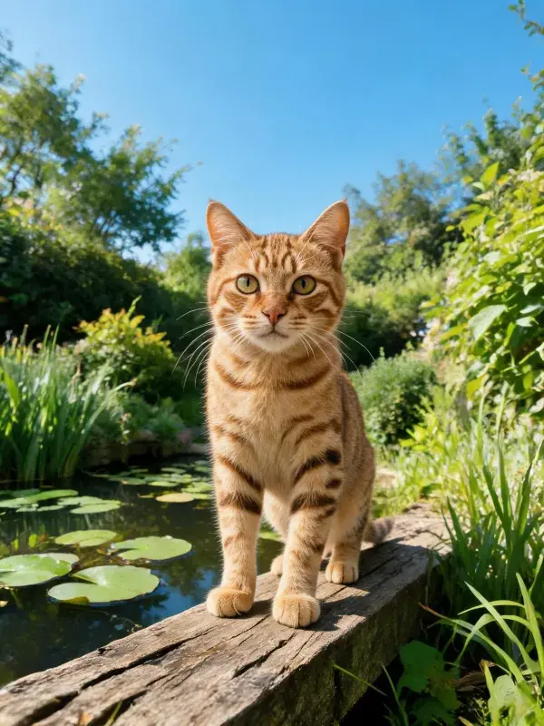 池塘边木质平台上的橘色短毛猫