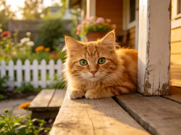 门廊上橘色短毛猫休憩场景