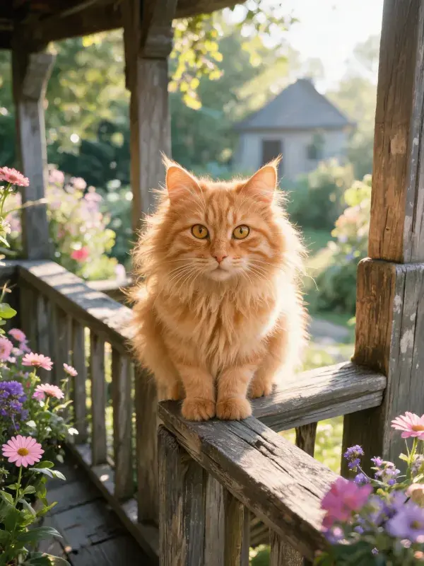 橙色长毛猫于木质露台的花卉间姿态