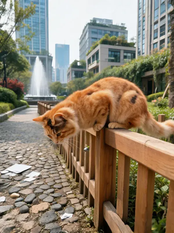 橘色短毛猫攀爬木栅栏的场景