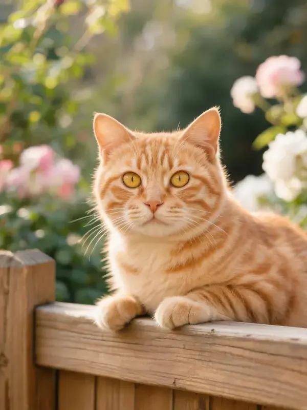 花园围栏边的橘色短毛猫