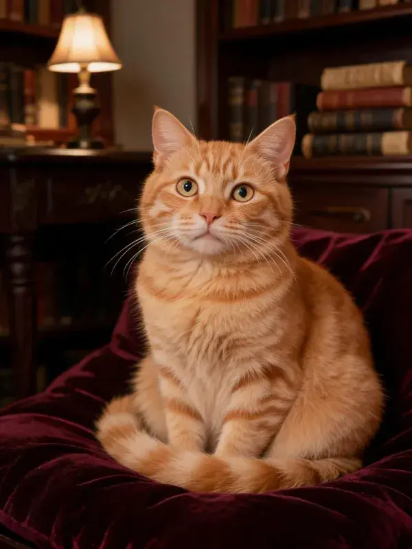 书房内橘色虎斑短毛猫的坐姿画面