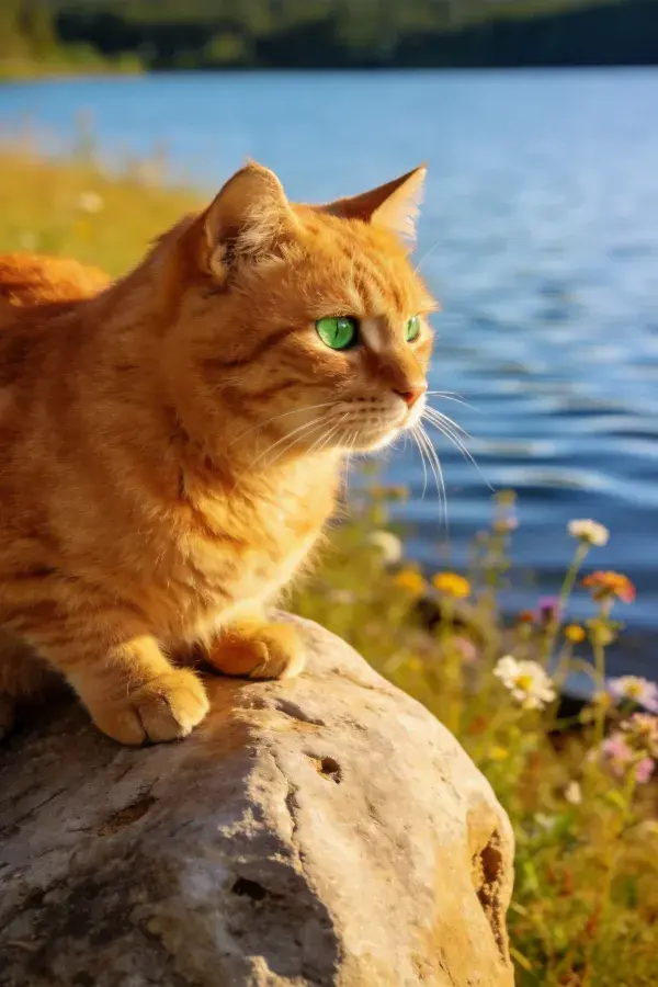 湖边岩石上的橘色短毛家猫