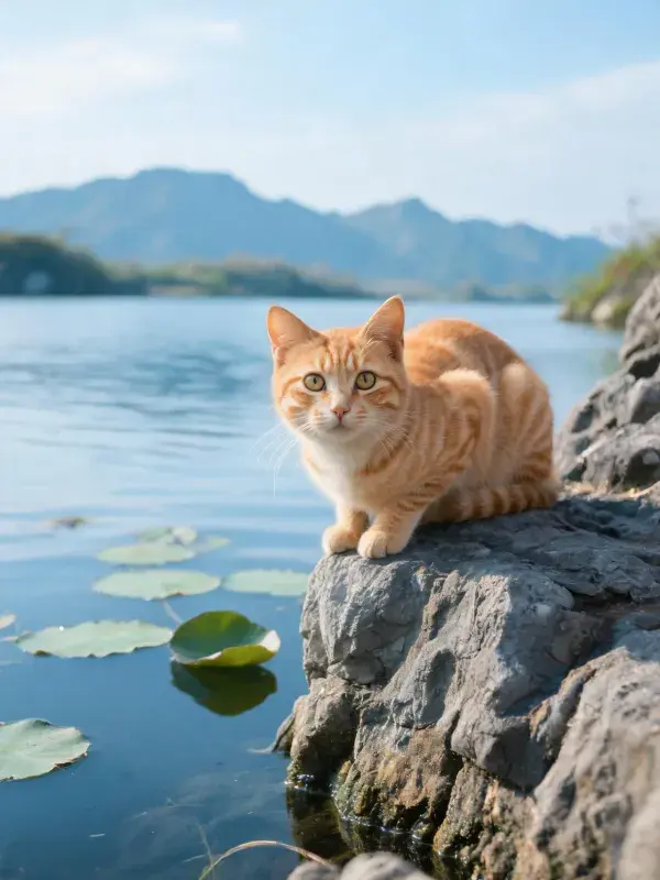 橘色短毛猫在水边岩石上的姿态