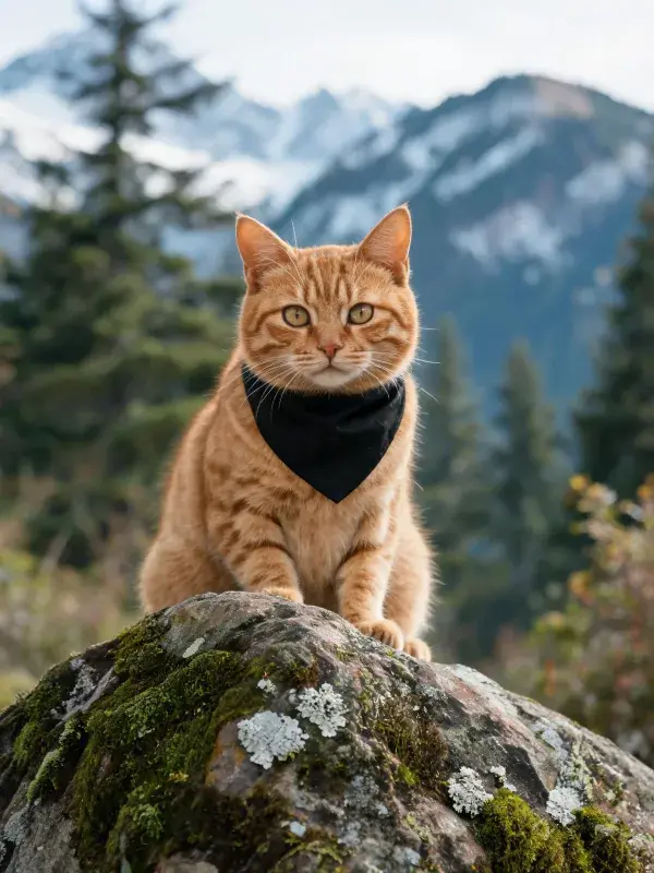 山林岩石上的橘色短毛猫
