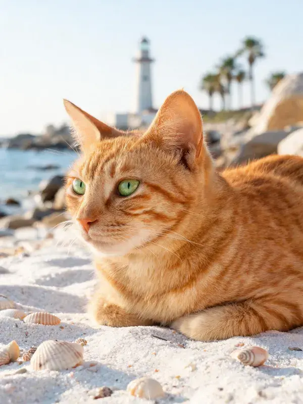 海滩沙地上休憩的橙虎斑短毛猫