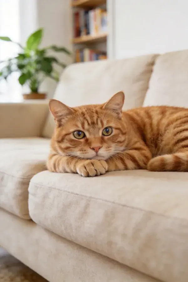 客厅沙发上的橘色短毛家猫