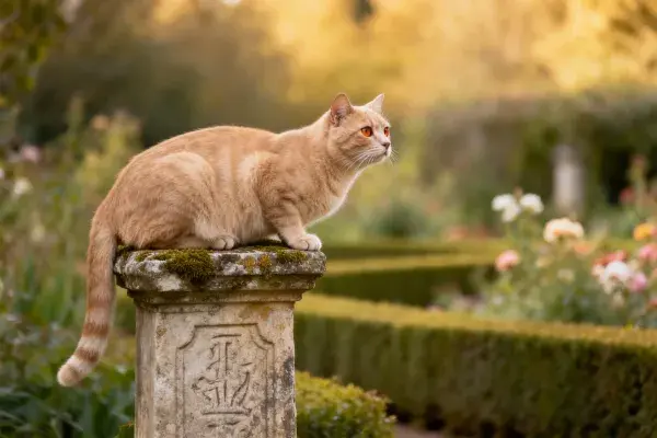 花园石柱上的橘色短毛家猫