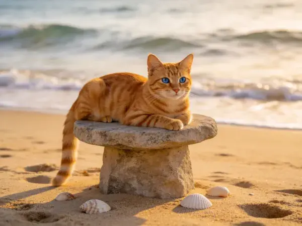 海滩石凳上的橘色短毛家猫
