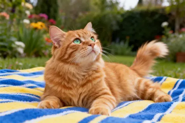 橘色短毛虎斑猫躺在大花毯上