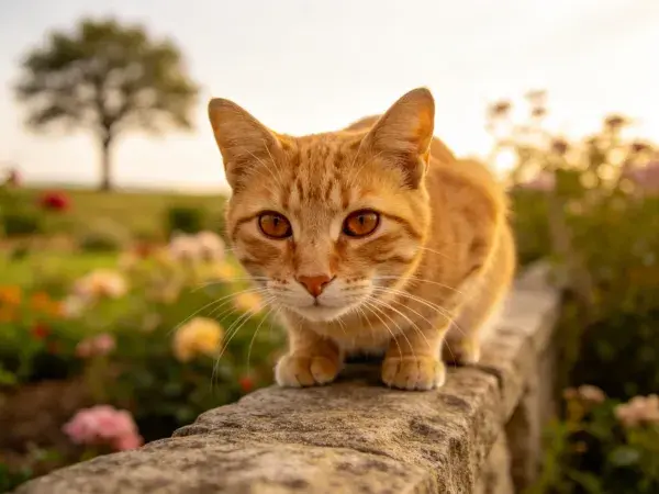 石墙上橘色虎斑猫观察户外景象
