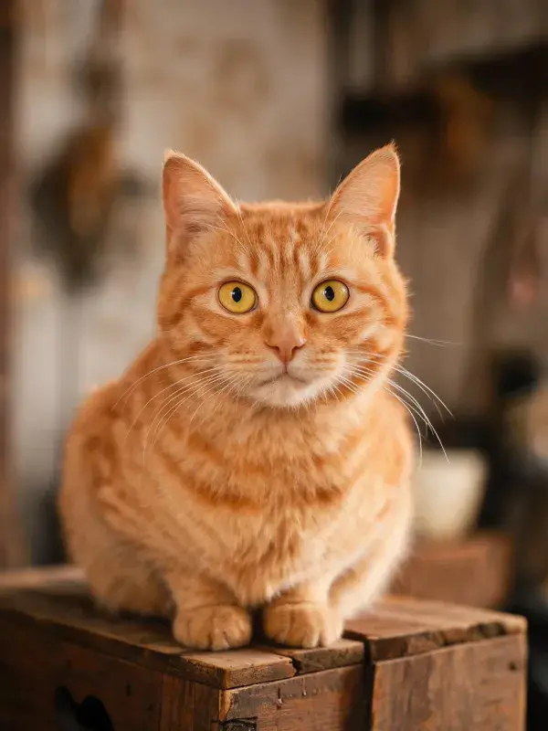 暖光木质平台上的橘色短毛猫姿态