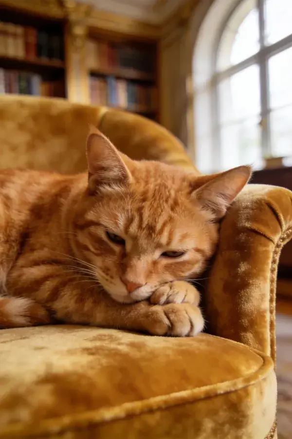 橘色短毛家猫依金色扶手椅休息