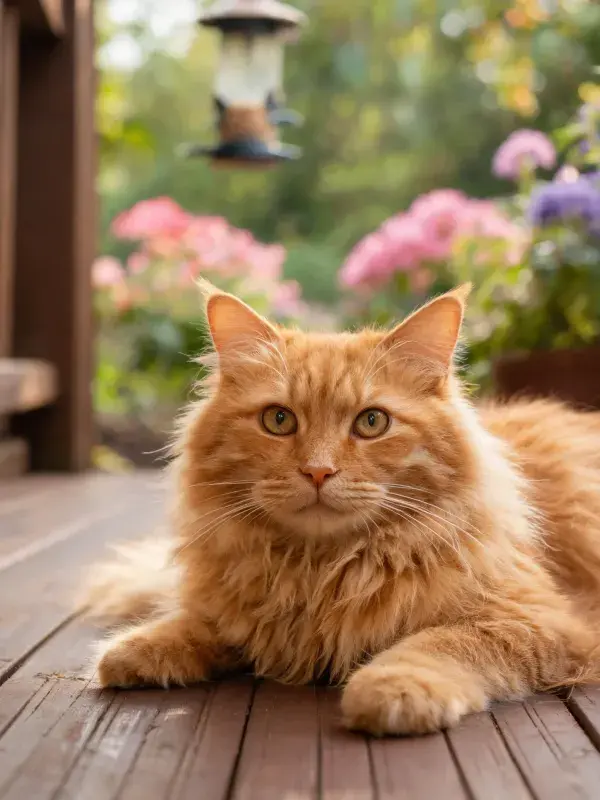 户外木质平台上休憩的缅因猫