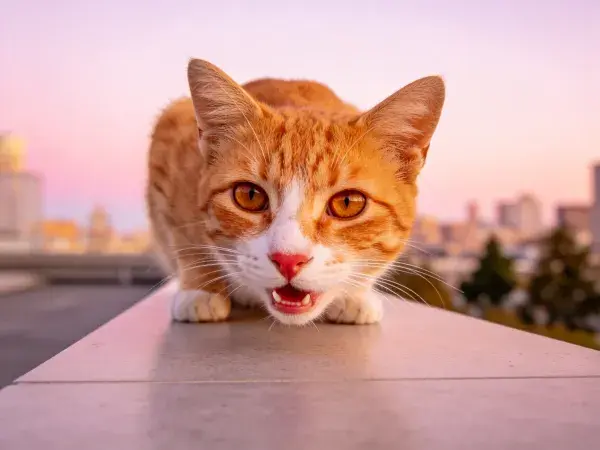 橘色短毛家猫趴在露台边缘