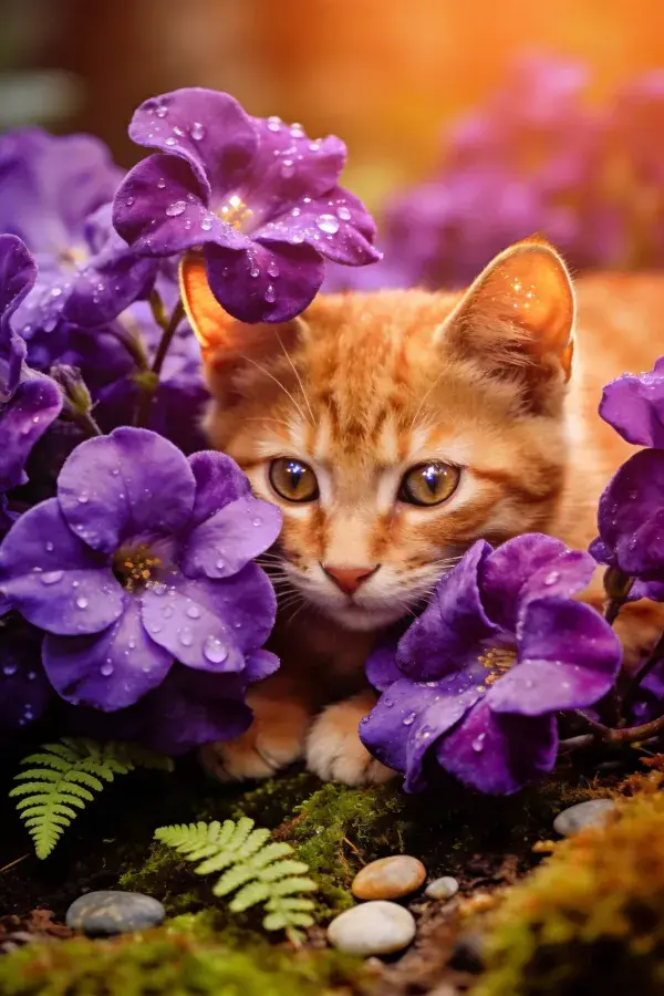橘色短毛家猫藏于紫色花卉间