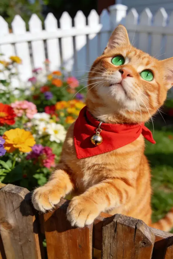 橘色短毛家猫佩戴红围巾站在木栅栏上
