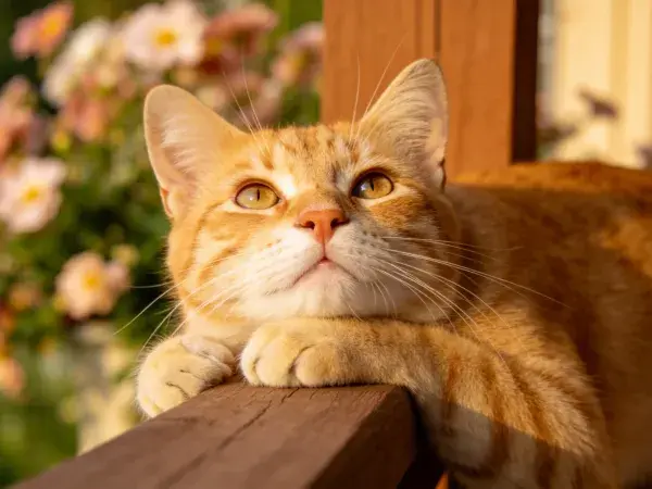 橘色短毛家猫倚靠木栏杆