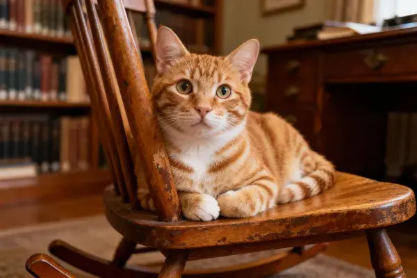 书房内木质摇椅上的橘色短毛猫